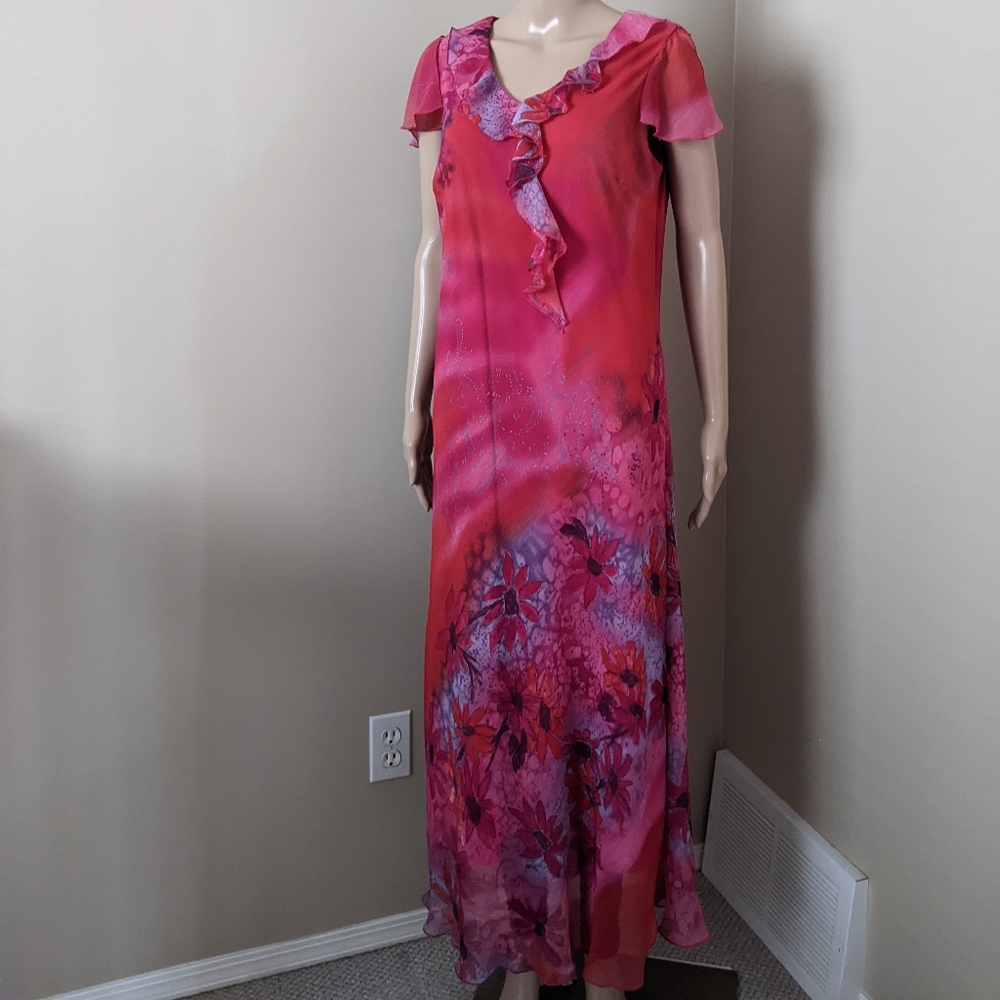 Vintage Hiroko petites red floral long dress, women's large